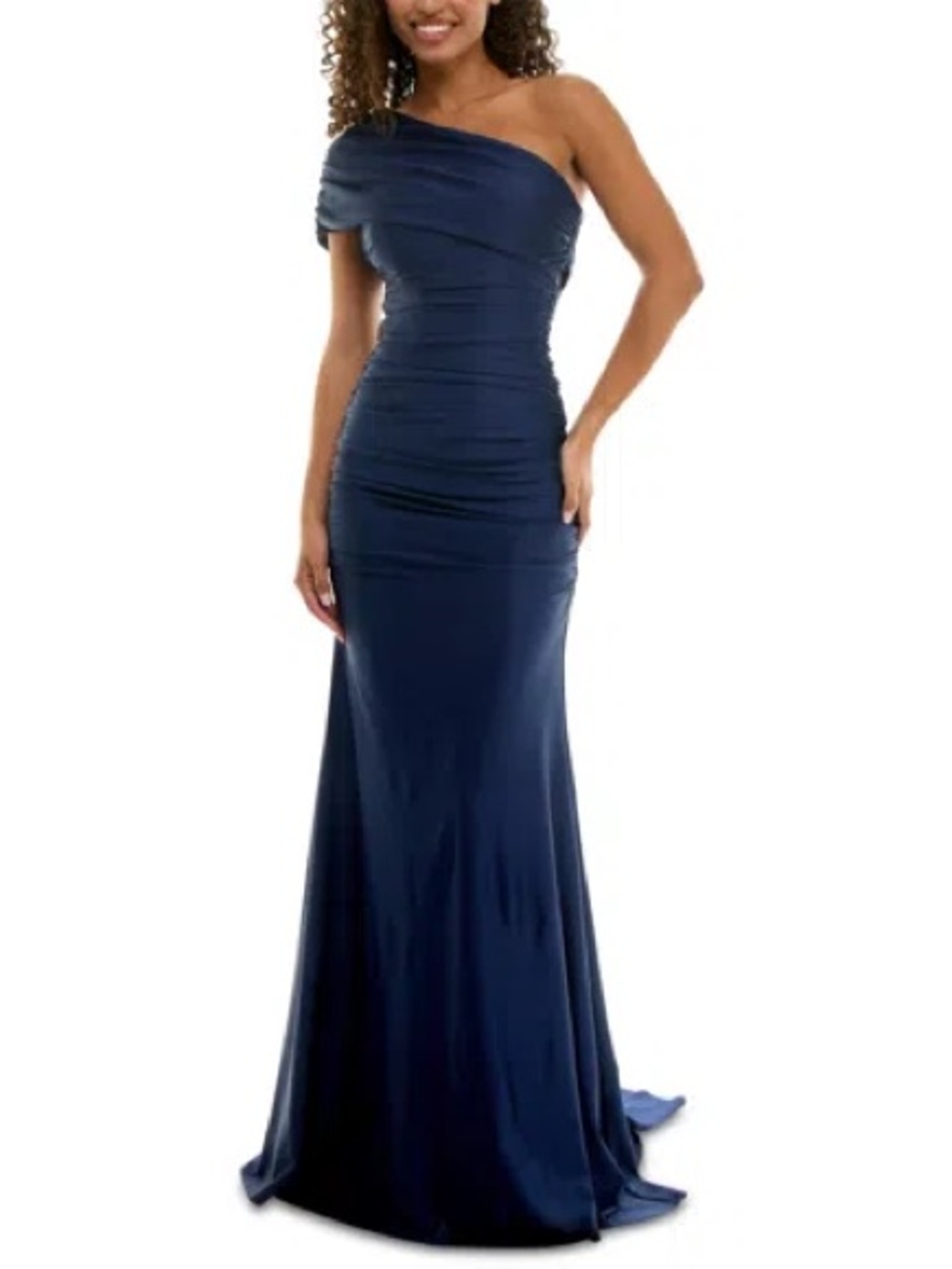 B Darlin One-Shoulder Navy Ruched Evening Gown Size 0 BNWOT